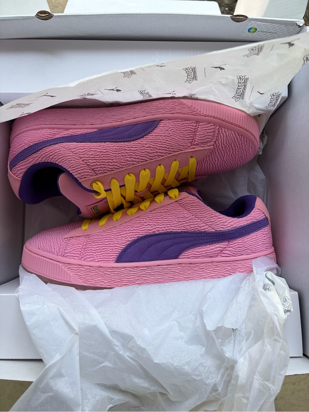 Puma Pink Platform Sneakers with Purple Stripe and Yellow Laces